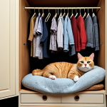 A pregnant cat nesting in a cozy wardrobe, looking anxious.
