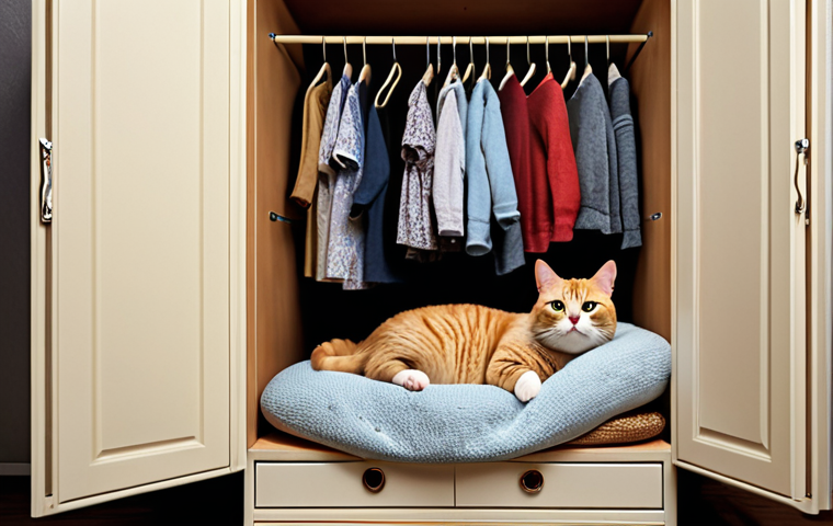 A pregnant cat nesting in a cozy wardrobe, looking anxious.